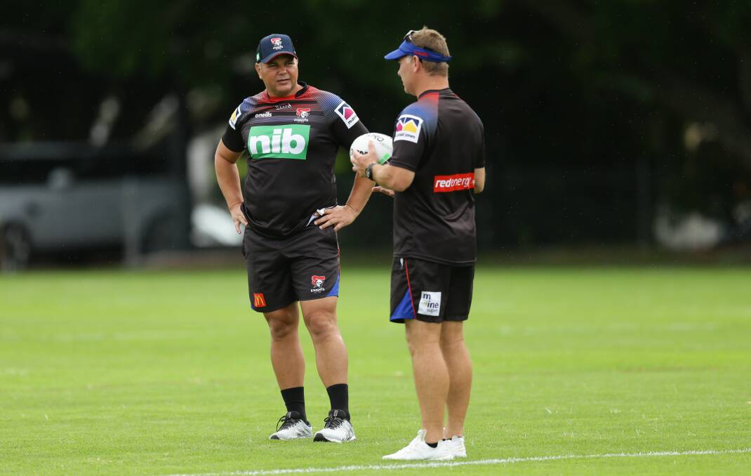 REVIEW: Consultant Anthony Seibold with Knights coach Adam O'Brien at training this year. Picture: Jonathan Carroll