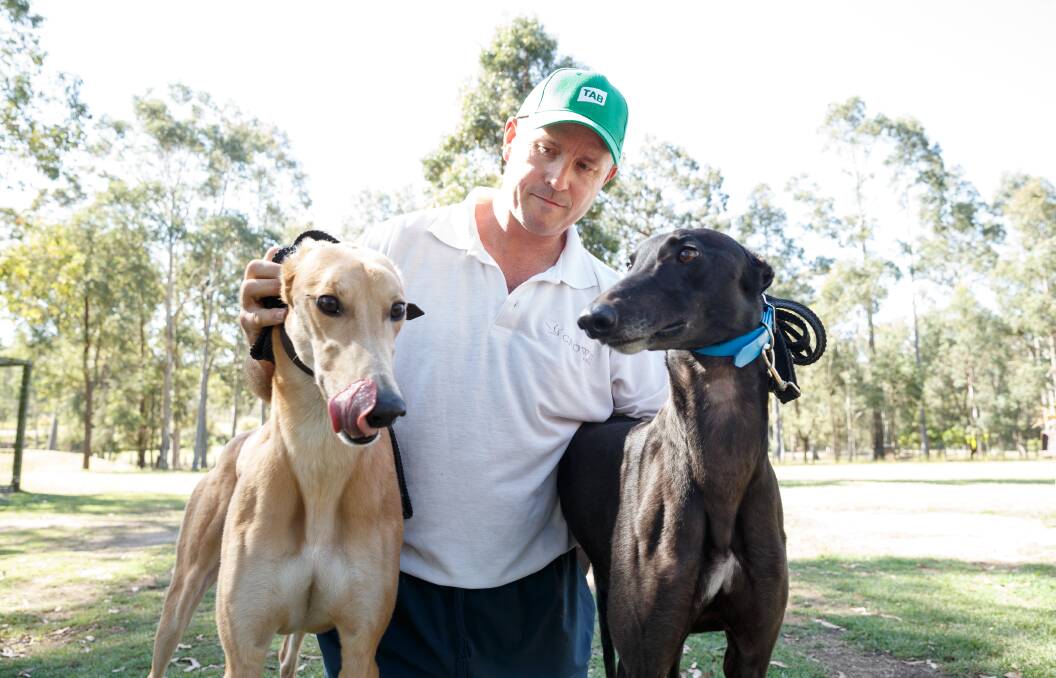 TWICE AS NICE: Premier Hunter greyhound trainer Jason Mackay with Million Dollar Chase finalists Flying Bazza, left, and Get It Gizmo at his Richmond Vale property on Tuesday. The duo will start from boxes three and one respectively in the world's richest greyhound race on Friday night. Picture: Max Mason-Hubers