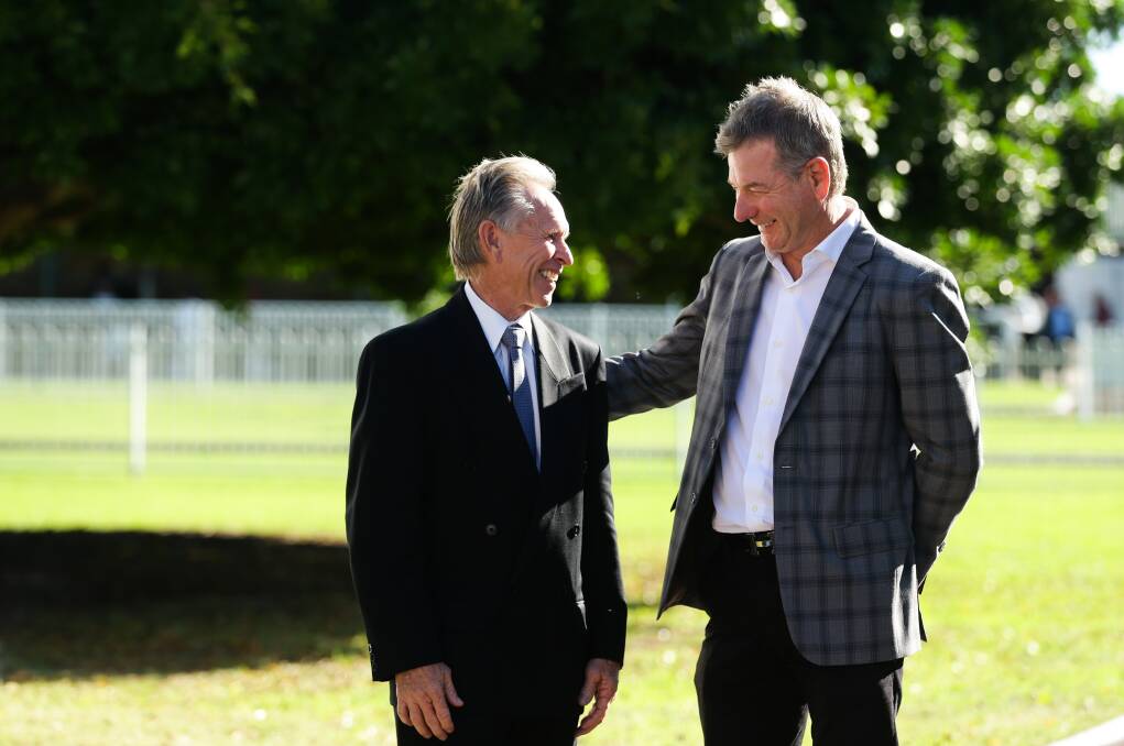 CHAMPIONS: Former jockey John Wade and trainer Kris Lees catch up during the Newcastle and Hunter Racing Hall of Fame induction on Tuesday. Picture: Jonathan Carroll
