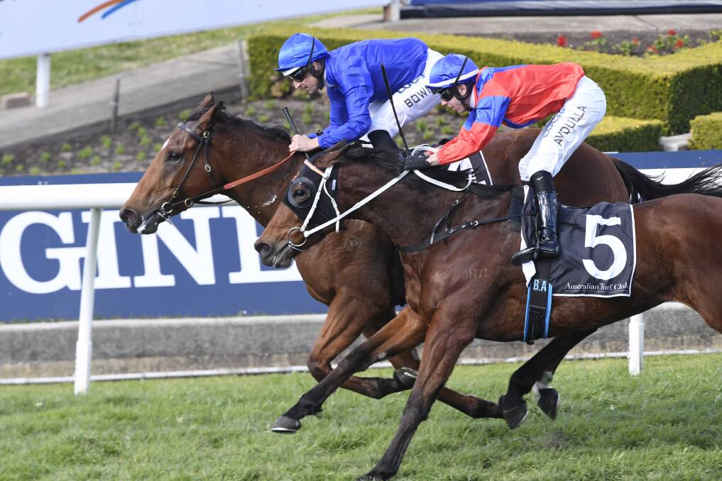 ALMOST: Invincible Gem, right, challenges Alizee on the line in the Missile Stakes on Saturday. Picture: AAP Image/Simon Bullard