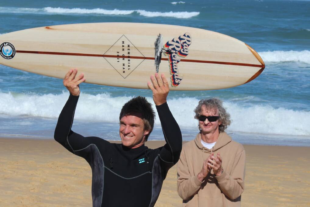 ON TOP: Ryan Callinan with his prize and the great Mark Richards. Picture: Louie Hann