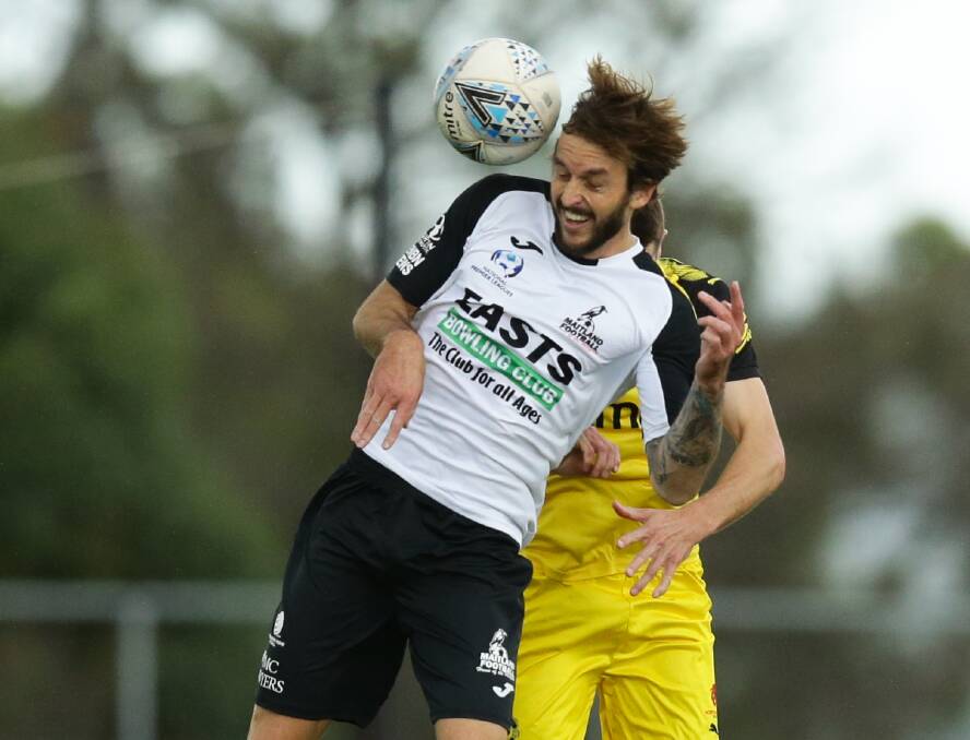 KEY MAN: Maitland striker Joel Wood in action against Lambton Jaffas in their first clash this season. Wood helped set up the Magpies' equaliser on Wednesday night. Picture: Jonathan Carroll