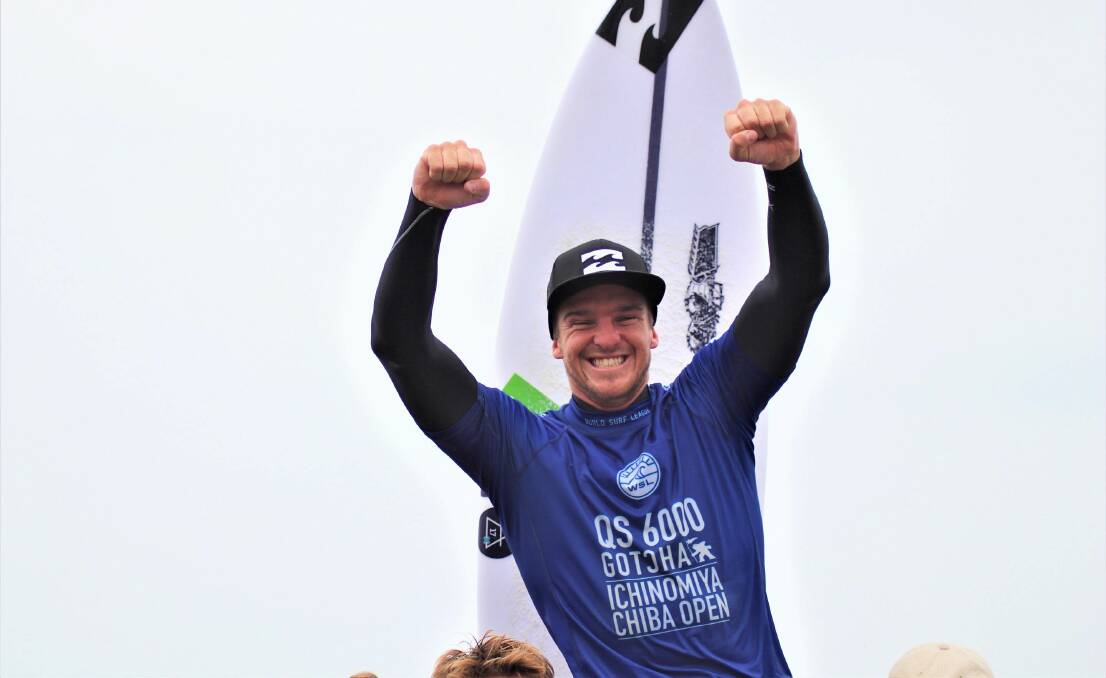 RISING SON: An emotional Ryan Callinan celebrates his victory on Saturday in the Ichinomiya Chiba Open at Shida Point in Japan while being chaired up the beach by his supporters. Picture: WSL/Kawana