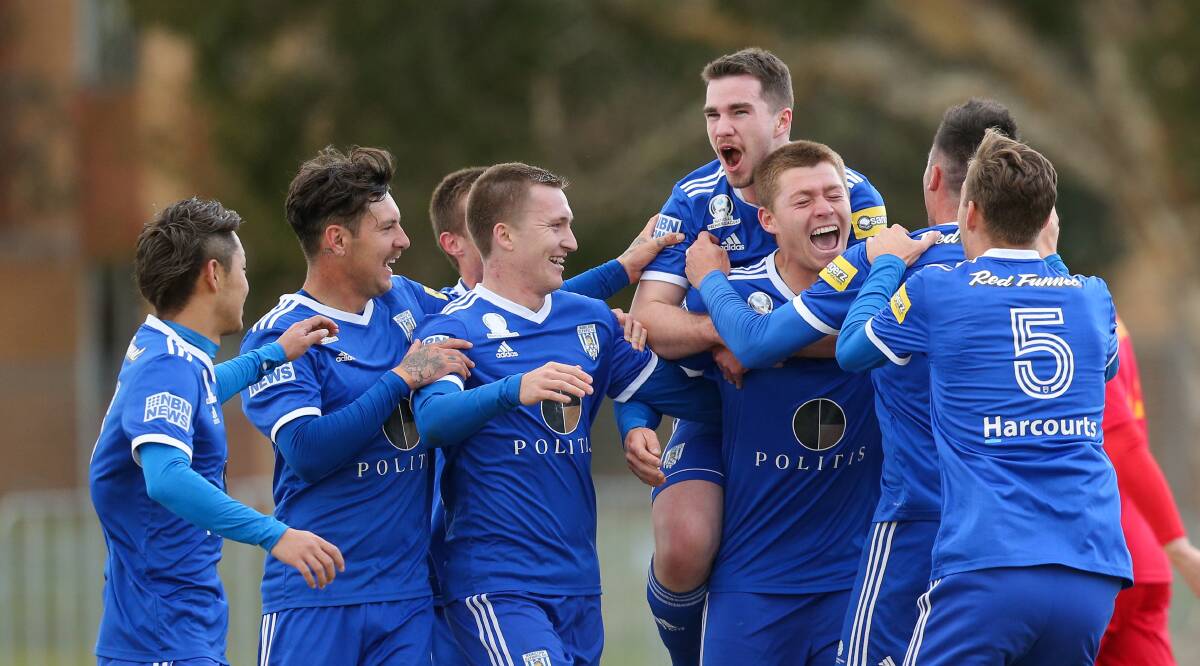 FINISHING TOUCH: Olympic celebrate a Reece Pettit goal against Broadmeadow last season. The nucleus of last year's squad returns hoping for many more memorable moments in 2020. Picture: Max Mason-Hubers