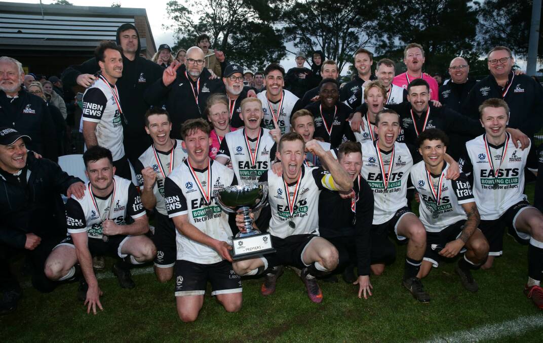 The Maitland Magpies celebrate their NPL men's Northern NSW premiership on Sunday. Picture by Jonathan Carroll