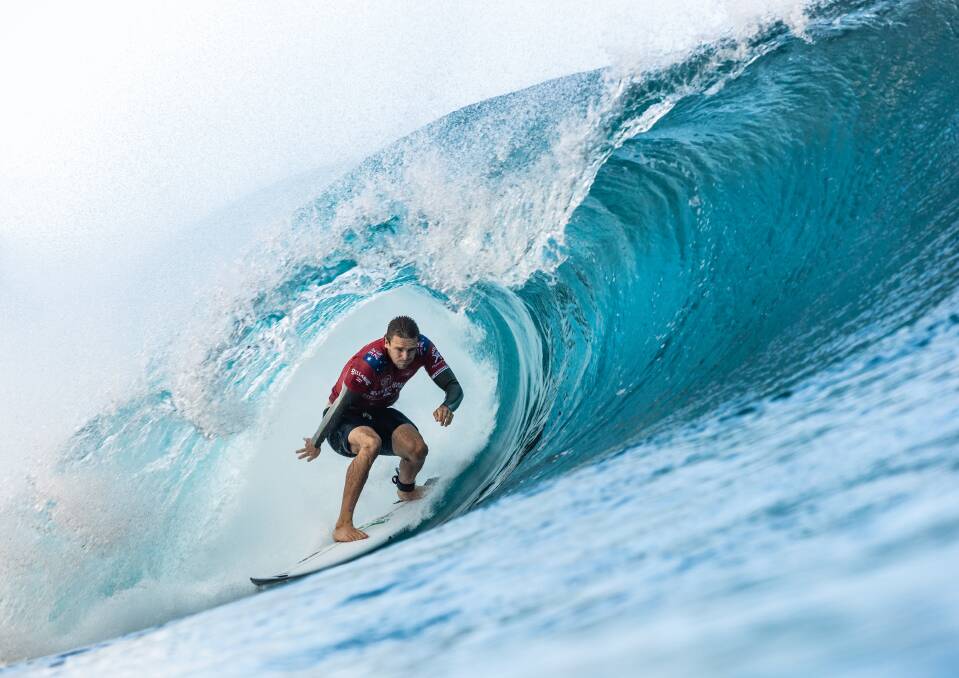 TUCKING IN: Ryan Callinan competing at the Pipe Masters in December when he reached the round of 16 thanks to two heat wins. Picture: WSL