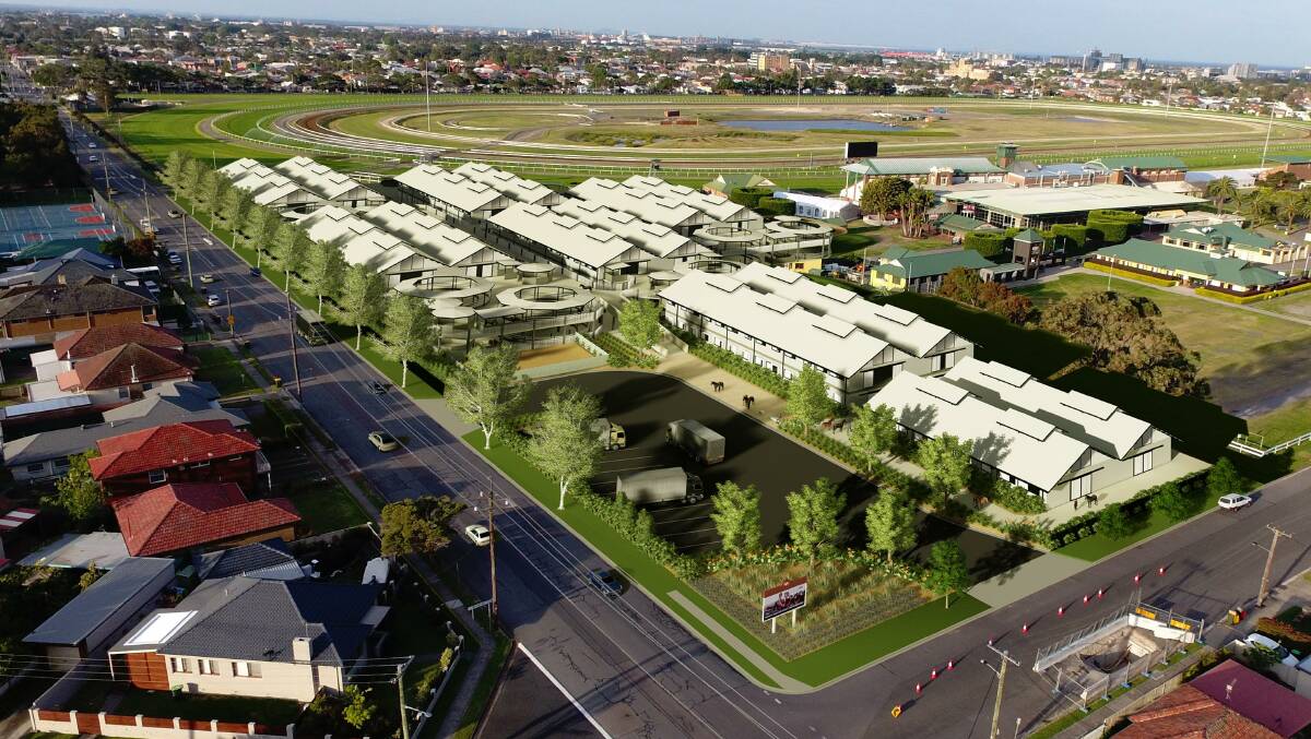 GRAND VISION: Concept drawings of the $20 million stables from the corner of Chatham Rd and Darling St at Newcastle Racecourse. Picture: EJE Architecture/Terras Landscape Architects