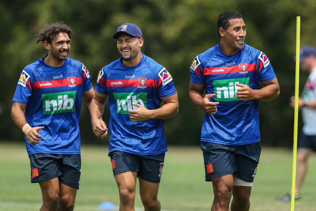 RELAXED: Gehamat Shibasaki, centre, at Knights training with Tyrone Roberts-Davis and Tautau Moga. Picture: Marina Neil