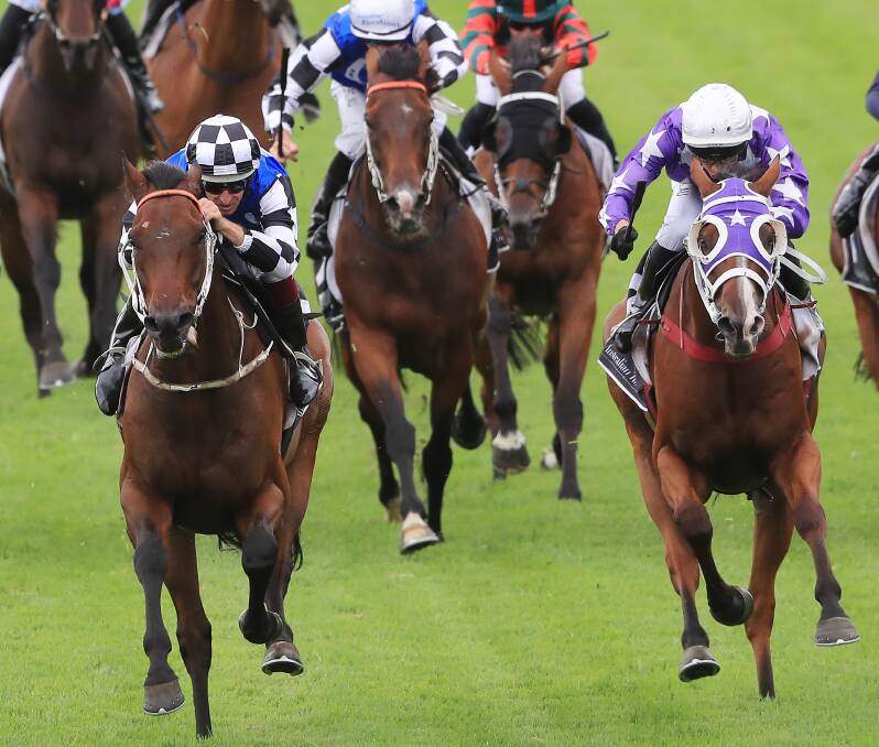 BIG COMEBACK: Mustajeer, left, and Hugh Bowman hold off Eastender, right, to claim the listed Parramatta Cup at Rosehill on Saturday. Picture: Mark Evans/Getty Images