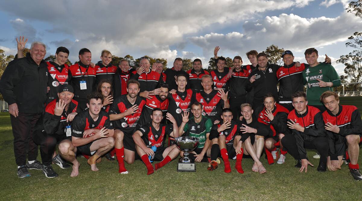 ON TOP AGAIN: Edgeworth with the NNSW NPL trophy after Sunday's final-round win over Valentine at CB Complex. Picture: Sproule Sports Focus 