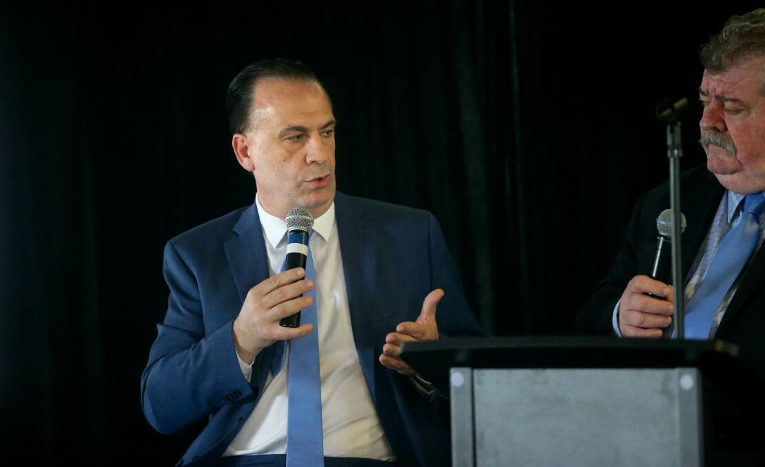 CENTRE STAGE: Racing NSW CEO Peter V'landys speaks during The Hunter charity luncheon in the Broadmeadow Room at McDonald Jones Stadium on Friday. Picture: Jonathan Carroll
