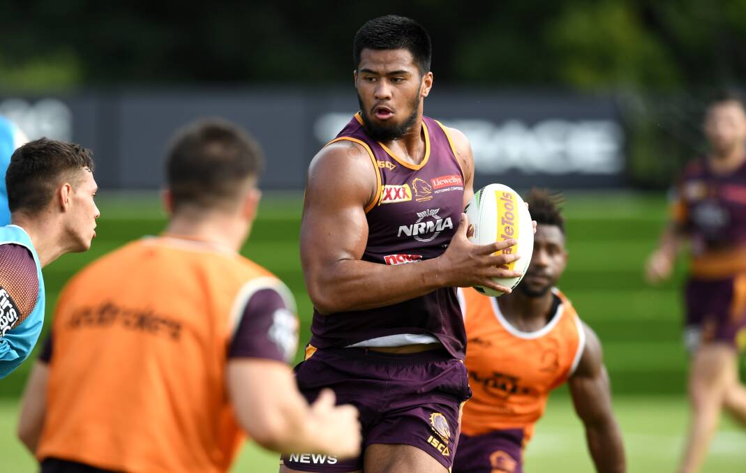 PUMPED: Brisbane forward Payne Haas, a former Woodberry junior, will go up against Knights and NSW props Daniel Saifiti and David Klemmer on Saturday. Picture: AAP
