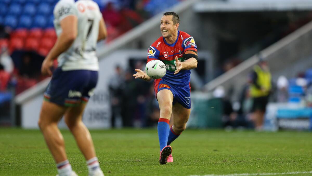BACK: Mitchell Pearce against the Warriors at McDonald Jones Stadium in June in one of only six games he's played this year. Picture: Jonathan Carroll