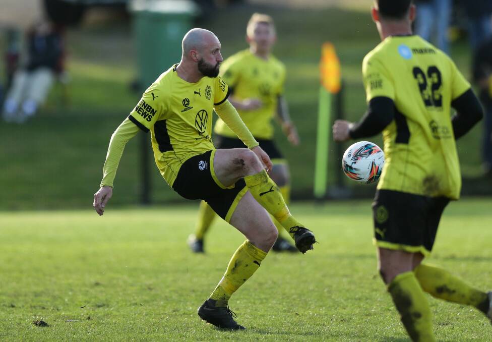 Lambton Jaffas defender Luke Virgili in action last Sunday in the 3-1 loss to Maitland at Edden Oval in the final round of the NPL men's Northern NSW competition. Picture by Jonathan Carroll