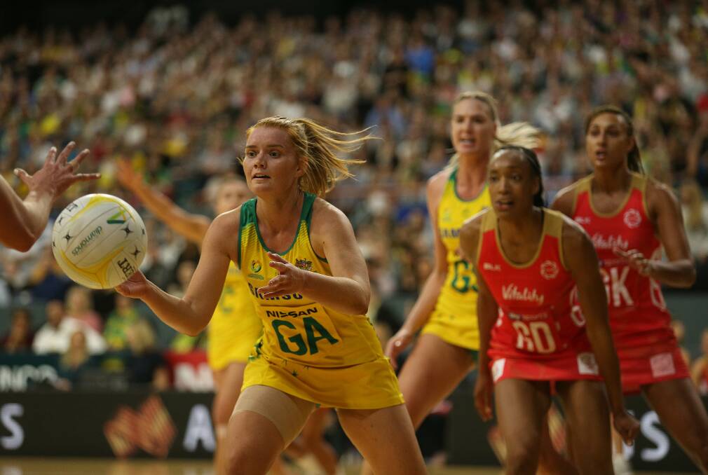 FOCUSED: Australian goal attack Stephanie Wood in action in the Diamonds' victory over England in their Quad Series Test match at Newcastle Entertainment Centre on Wednesday night. Picture: Marina Neil