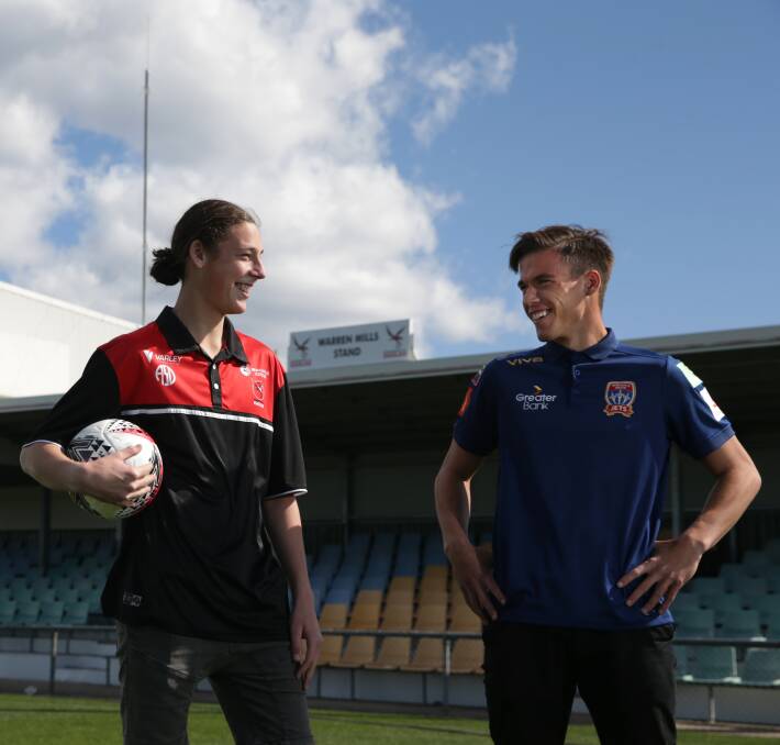 FACING OFF: Edgeworth striker Archie Finn and Newcastle Jets defender Pat Langlois at Jack McLaughlan Oval on Monday. Picture: Simone De Peak