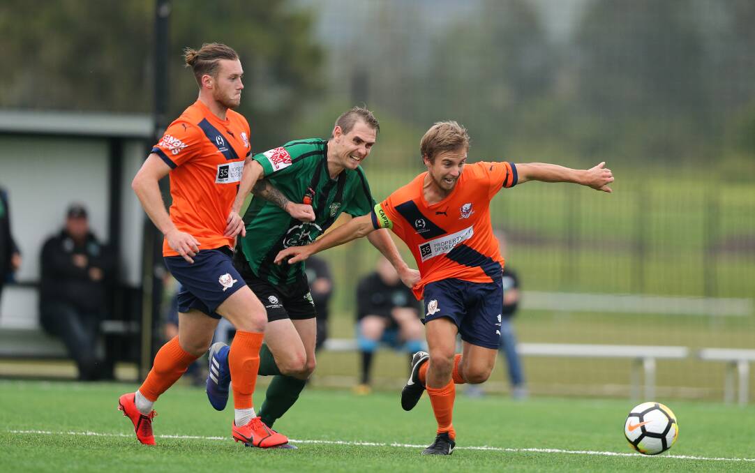 Ben Hay and Riley Russell in action for Valentine against Kahibah in the FFA Cip last year. Picture: Max Mason-Hubers