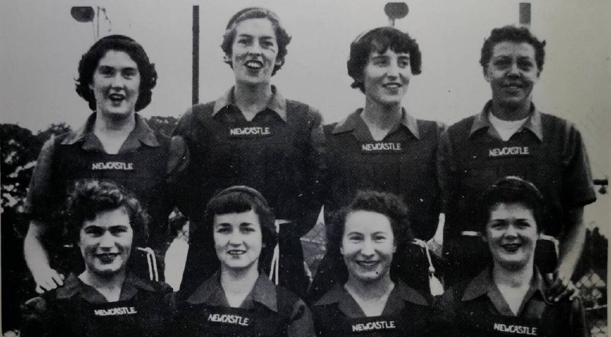 Lois Green, second from left in the back row, with Newcastle's NSW Country championship side of 1954. The team is (back row) Bernadette Pryor, Green, Del Saunders, Betty Gibbons, (front row) Neita Matthews, Pat Johnson, Daphne Henderson and Noela Young. Picture Supplied