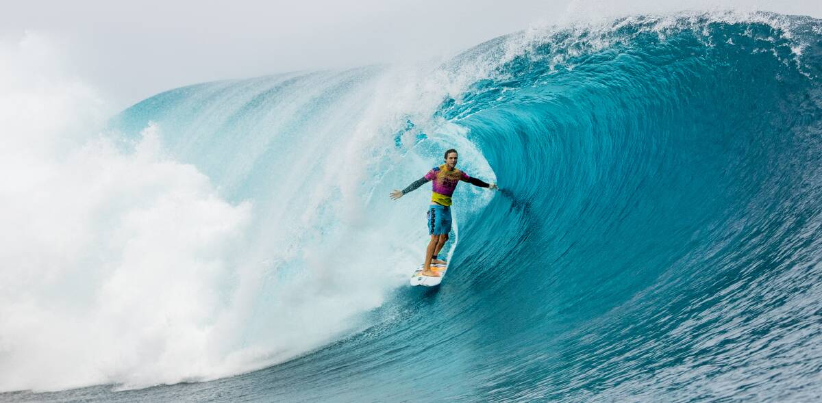 MEMORABLE: Ryan Callinan stands tall in a monster barrel at Teahupo'o in his round of 32 loss to Griffin Colapinto at the Tahiti Pro on Wednesday. Picture: Kelly Cestari/WSL