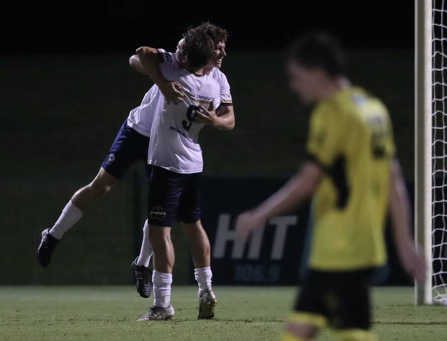 Chase Lattimore, left, after scoring against Lambton Jaffas in round three. Lattimore was handed a one-game suspension for his red carded tackle on the weekend. Picture Sproule Sports Focus, NNSWF