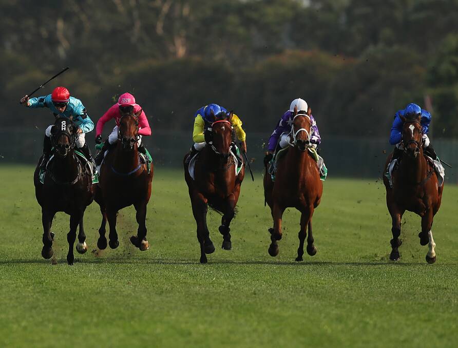 IN THE MIX: Le Romain, centre in blue and yellow, finishing third in the Redzel Stakes (1300m) on Saturday at Rosehill behind Pierata, far left, and Trekking, far right. Picture: Getty Images