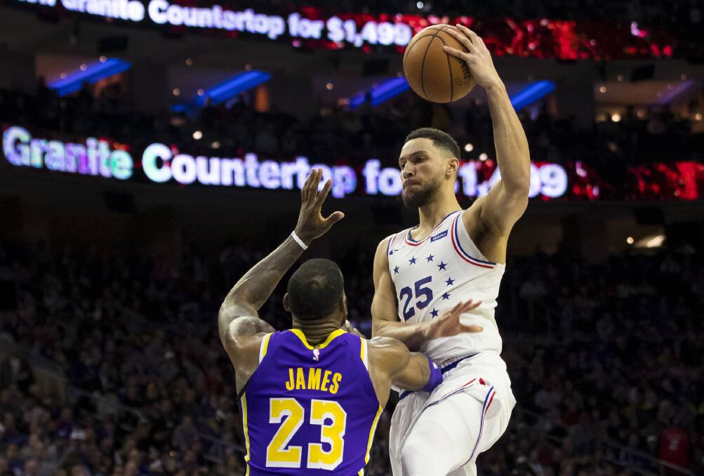 Ben Simmons in action against LeBron James at the LA Lakers. Picture: AP