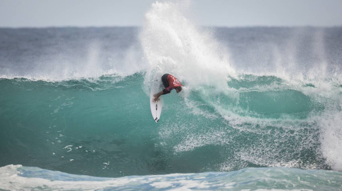 ON TOP: Merewether goofy-footer Ryan Callinan rips into another Margaret River wave on Monday during his round of 32 victory over Ethan Ewing. Picture: WSL