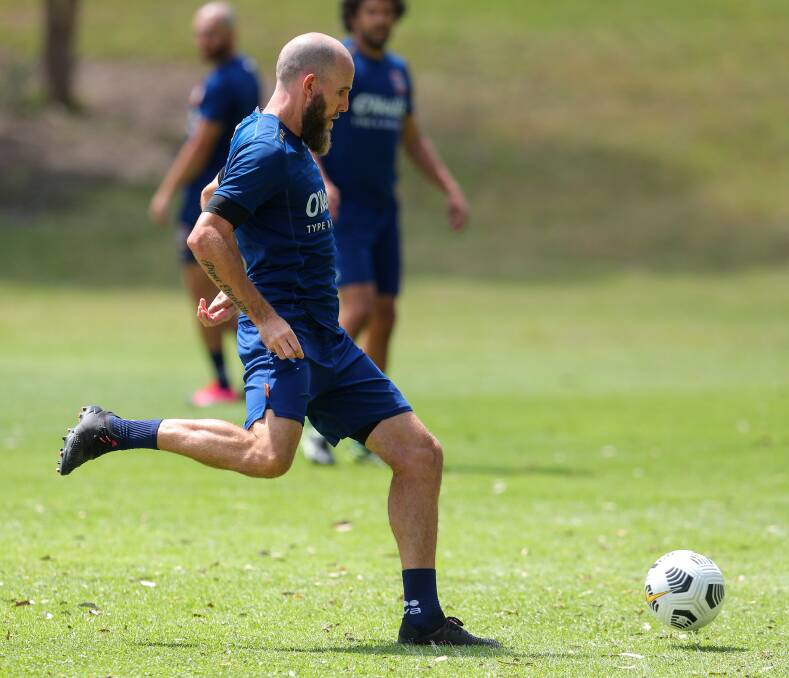 WEAPON: Striker Jeremy Brockie training with the Newcastle Jets in November last year. Brockie is expected to debut for Edgeworth in a trial this weekend. Picture: Max Mason-Hubers