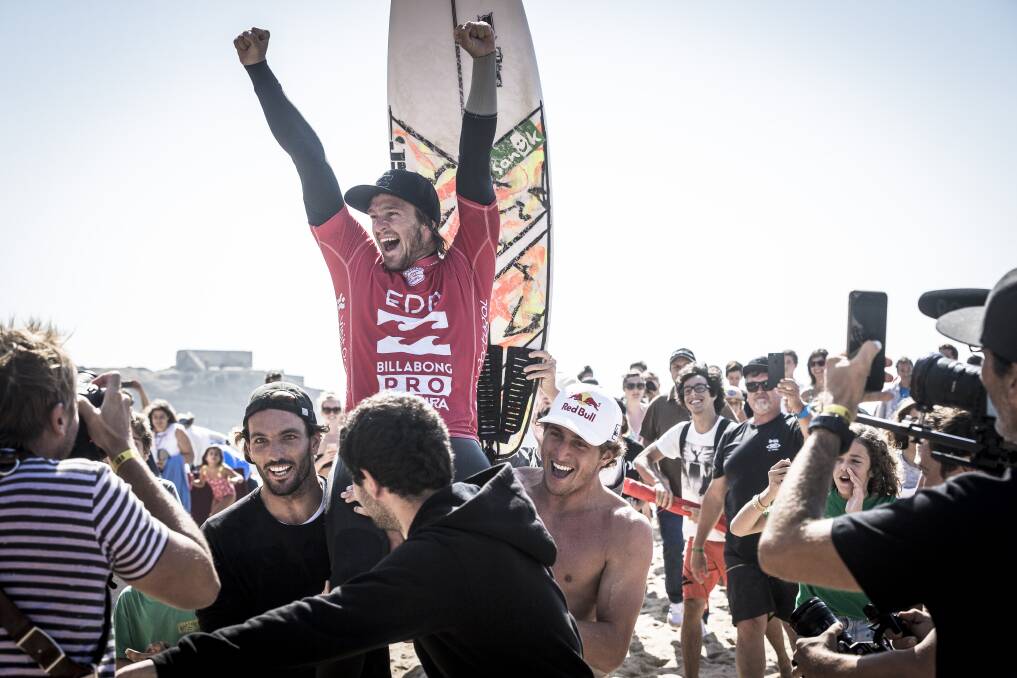 Ryan Callinan celebrates his Ericeira Pro victory in 2018. He returns to the venue this week for the first time since that success. Picture World Surf League