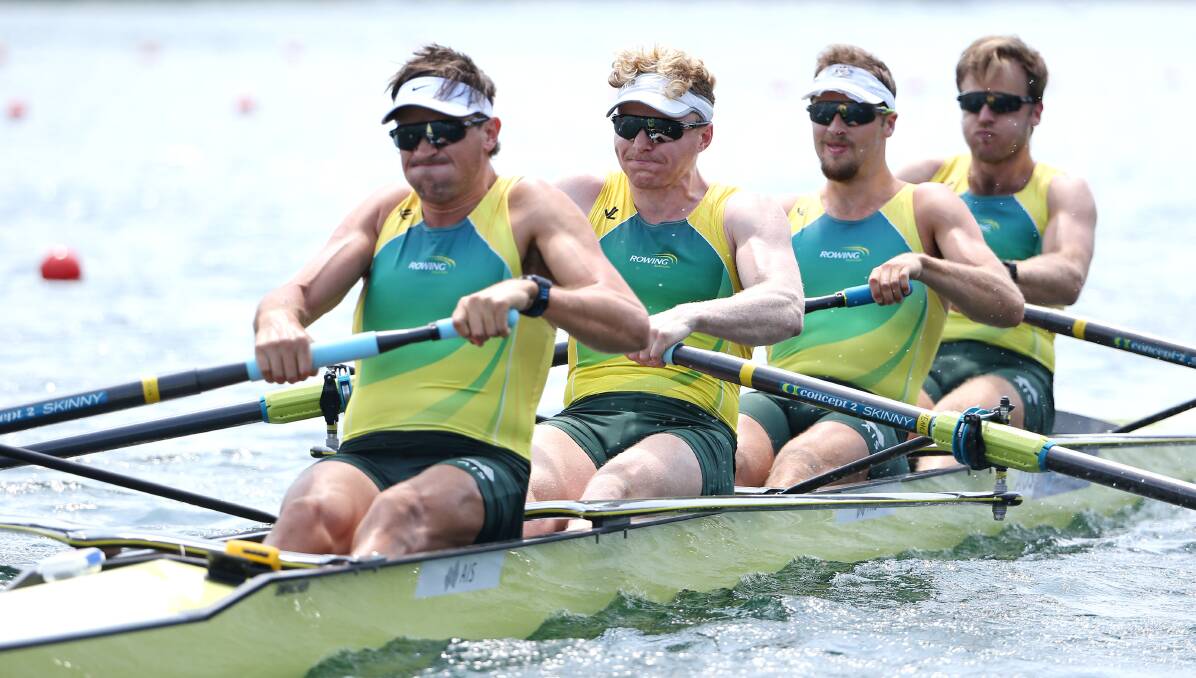 POWER: Spencer Turrin, second from left, with Alex Hill, Alex Lloyd and Will Lockwood in the Australian four at Lucerne last year. Picture: Getty Images