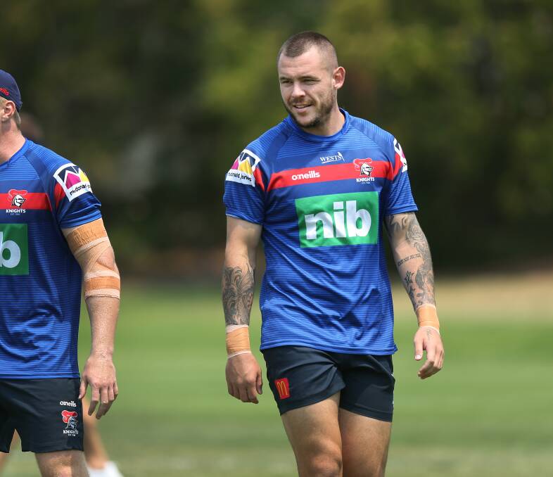 BACK ON DECK: Newcastle Knights enforcer David Klemmer on Monday at the NRL club's Mayfield training base. Picture: Marina Neil