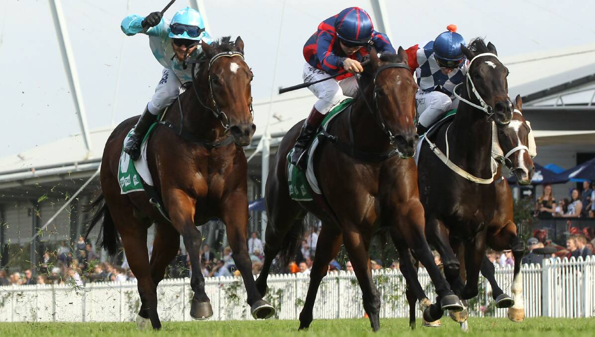 IN FRONT: Our Renaissance, centre with jockey Taylor Marshall wearing blue and red, winning at Rosehill on May 21. Picture: bradleyphotos.com.au