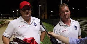 Troy Donaldson, right, with Oh Mickey's owner Clint Kratzmann after their National Derby win. Picture: GRNSW