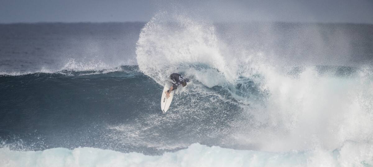 NO BACKING OFF: Ryan Callinan rips into another Margaret River right at Main Break on Thursday in his round of 16 heat victory over Portugal's Frederico Morais. Picture: WSL/Dunbar