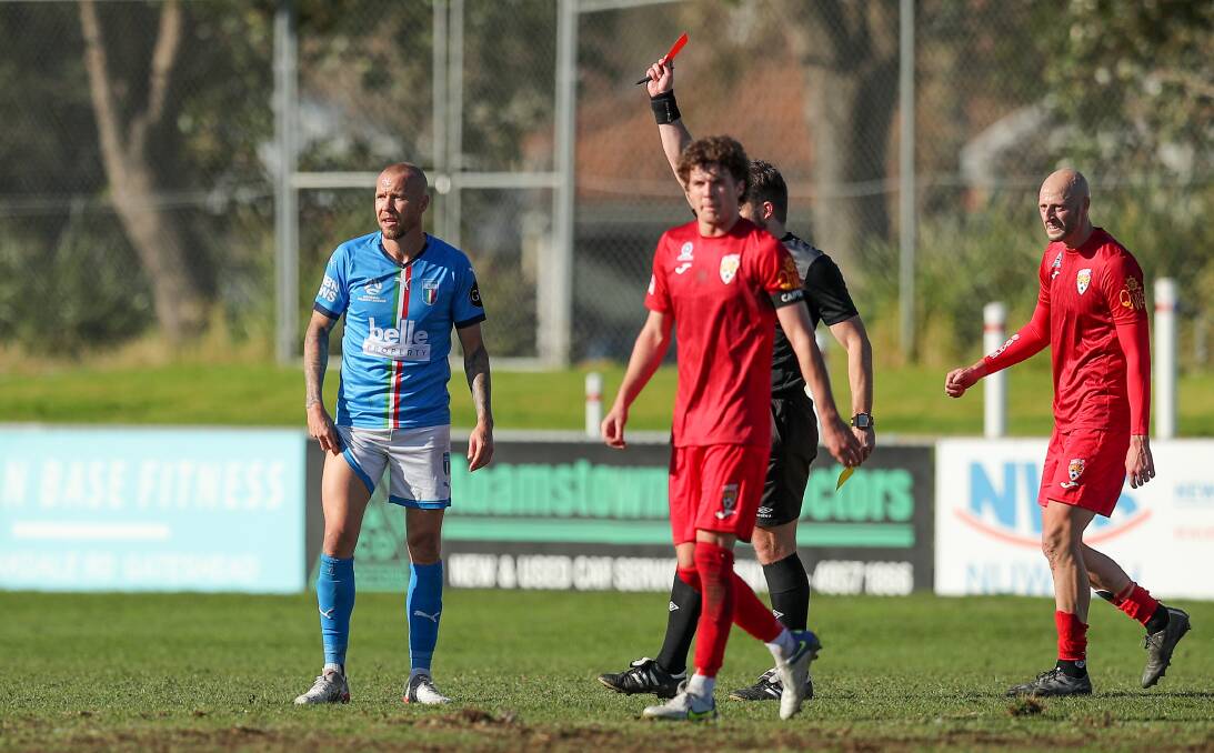 TURNING POINT: Azzurri's Taylor Regan is shown a red card just before halftime in his side's 2-0 loss to Broadmeadow on Sunday at Magic Park. Picture: Max Mason-Hubers