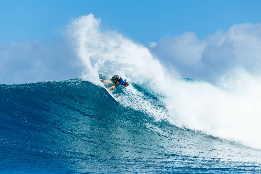 Ryan Callinan on the charge during his quarter-final win on Thursday. Picture by Brent Bielmann, World Surf League.