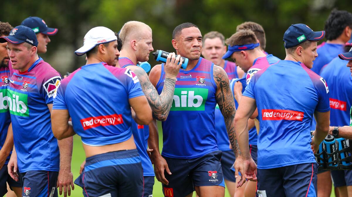 SETTLING IN: Newcastle Knights recruit Tyson Frizell, centre, at training with his new teammates at Wests Mayfield. Picture: Max Mason-Hubers