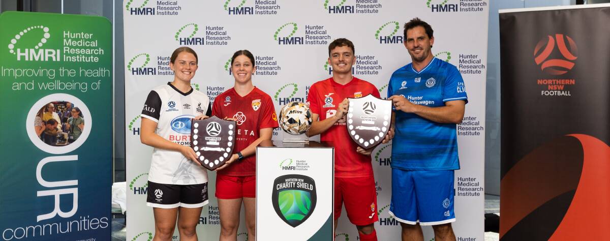 Maitland's Tahlia Gossner, Broadmeadow's Mercedes McNabb and Josh Benson and Lambton Jaffas skipper Ben Kennedy at the launch of the inaugural Northern NSW Football Charity Shield on Tuesday at HMRI. Picture by Jonathan Carroll