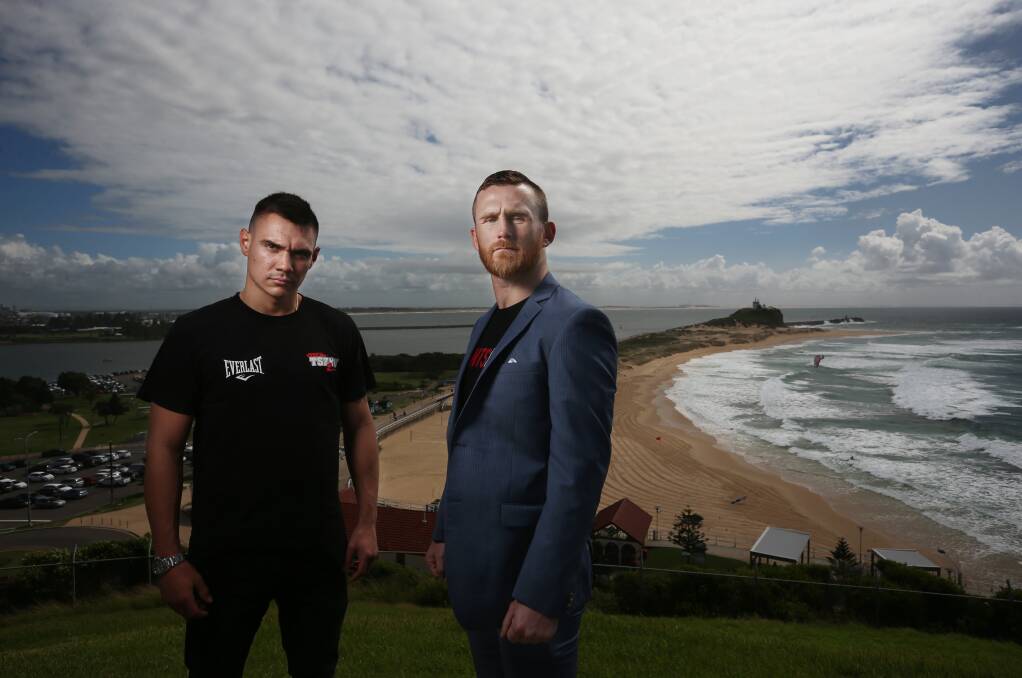 Tim Tszyu and Dennis Hogan at Fort Scratchley on Tuesday. Picture: Simone De Peak