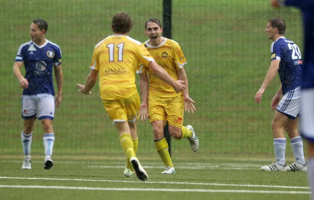 KEY MAN: Rhys Tippett celebrates his goal for Lambton Jaffas in a 3-2 Cup victory over Hamilton at Lake Macquarie Regional Football Facility in 2016. Picture: Jonathan Carroll
