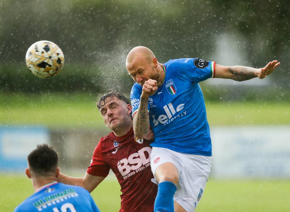 Azzurri star Taylor Regan wins a header in the 3-1 victory at Magic Park on Sunday. Picture by Jonathan Carroll