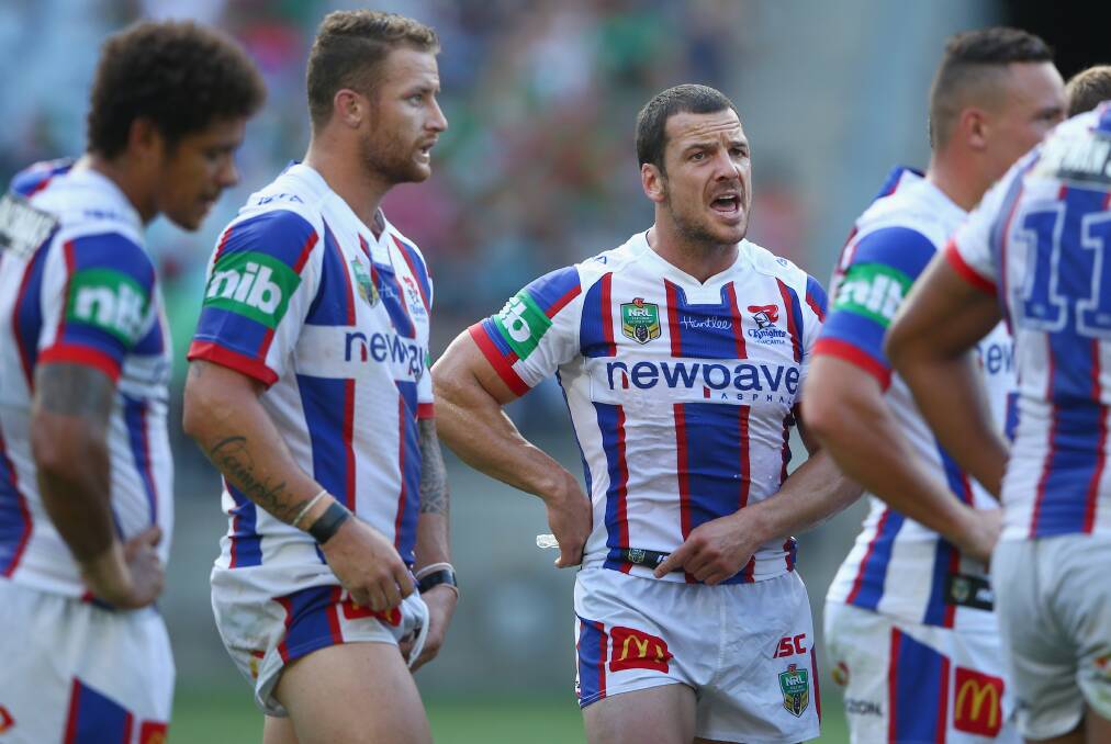 BANNED: Knight Jarrod Mullen reacts after a South Sydney try at ANZ Stadium on March 12, 2016. Picture: Getty Images
