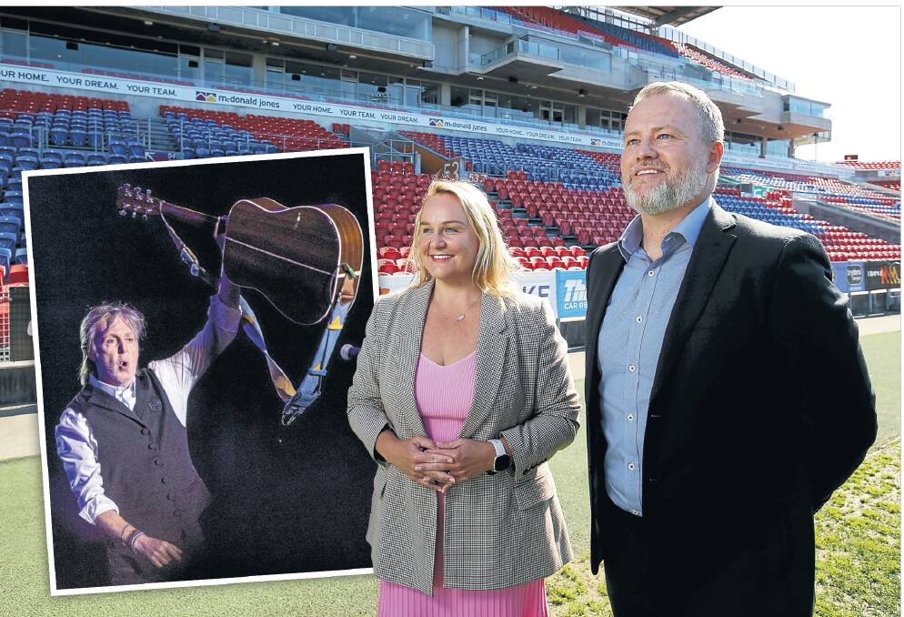 Newcastle lord mayor Nuatali Nelmes and McDonald Jones Stadium venue manager Dean Mantle at the Paul McCartney press conference on Tuesday. Picture by Simone De Peak
