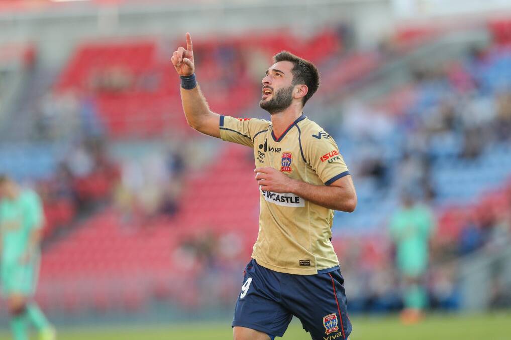 Striker Beka Mikeltadze will aim to get the Newcastle Jets' A-league men's season off to a flyer on Saturday. Picture: Max Mason-Hubers 
