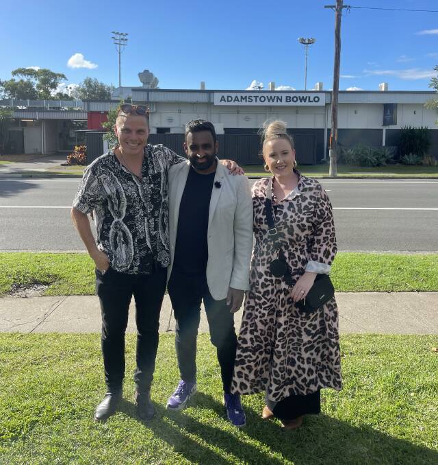 Matt Field, Michael Rodrigues and associate director of programs for Team 24, Jodie Ippolito outside the Adamstown Bowling Club. Picture supplied 