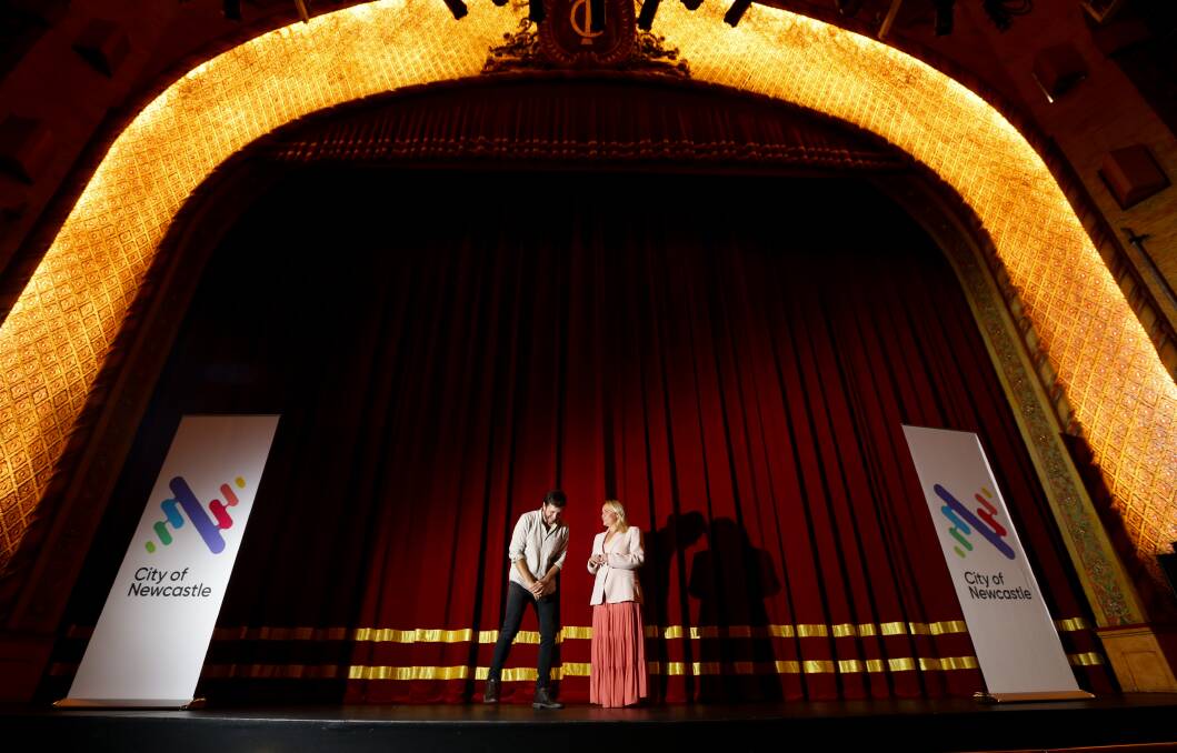 CENTRE STAGE: Newcastle Comedy Festival director Andrew Milos and Lord Mayor Nuatali Nelmes inspecting the Civic Theatre on Thursday. Picture: Jonathan Carroll