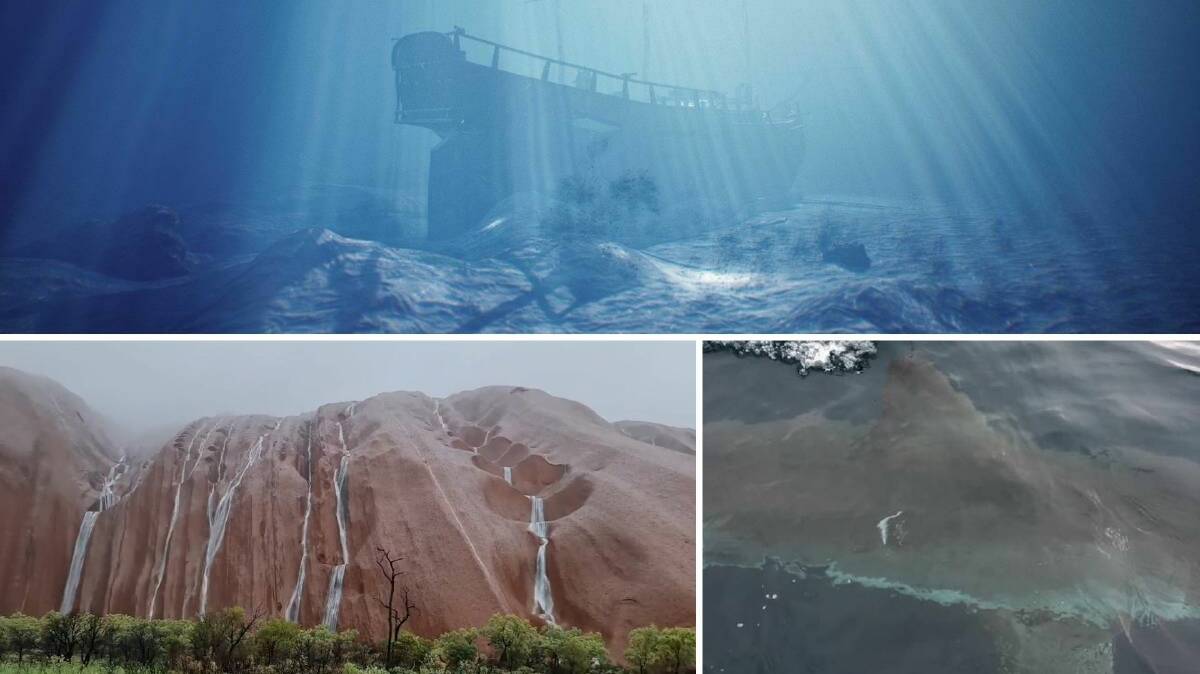 WATER WORKS: The remains of James Cook's Endeavours may or may not have been found (top), streams of water cascade down Uluru (bottom left, photo: Altair Byaltair), and a shark comes in close to a fishing boat off Port Fairy Victoria (bottom right).