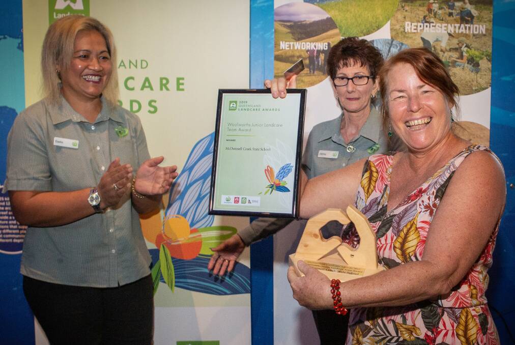 Woolworths Junior Landcare Team Award: Sandra Bulger, principal of McDonnell Creek State School, with Eseta Taua, Woolworths Family Champion and Fresh Convenience manager Jenny Ga.