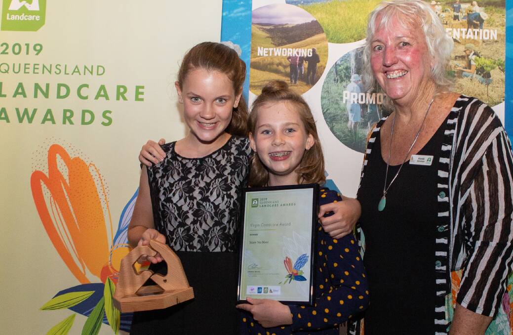 Virgin Coastcare Award: Molly Steer and Emily Walker, both of Straw No More, with Rhonda Sorensen, chair of the Landcare awards organising committee.