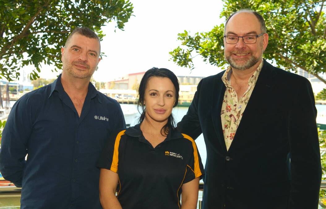 Pat Calabria (Lifeline Hunter), Kayla Parker (Port of Newcastle) and Marty Adnum (Out of the Square) at the launch of Everyone Has A Story yesterday. Picture supplied 